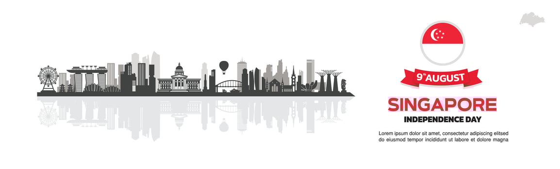 singapore Independence Day Design with buildings and icons, Background, Design, Greeting, Template and Singapore skyline greeting. 9th August design with singapore map and flag vector