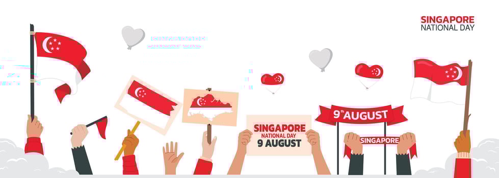 singapore Independence Day Design, swiss independence attributes, August 9th design with people holding flags and maps, singapore people fighting and celebrating independence vector