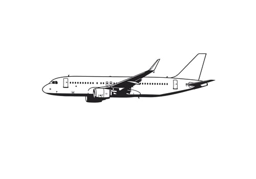 Black and White Commercial Airplane Illustration - Side View of Passenger Jet Aircraft Silhouette for Aviation, Travel, Transportation, Airline, Flight Design in Minimal Outline Style vector
