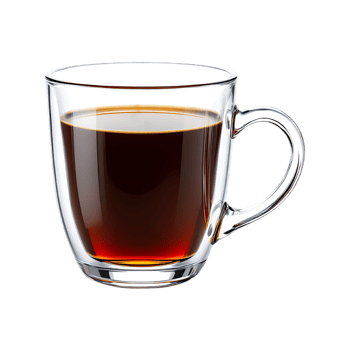 A double walled glass mug filled with dark coffee. png
