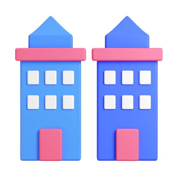 Two cartoon blue buildings with pink roofs and doors isolated on transparent background png