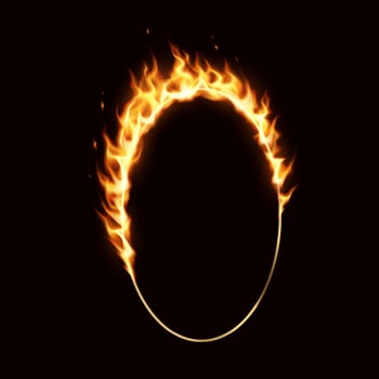 Fiery circular ring blazing brightly. Flames radiating warmth and intensity against a dark backdrop. Perfect for dynamic energy concepts and fiery themes. vector