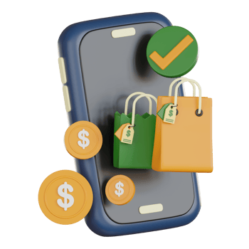 Mobile shopping concept with retail bags and dollar coins in 3d icon style showing successful purchase and payment confirmation on smartphone screen png