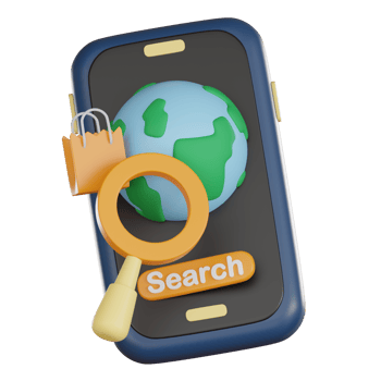 Mobile phone with 3d globe icon and magnifying glass for search concept in retail and shopping environment, symbolizing global online shopping and retail search in digital commerce png