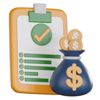 Checklist with green check marks and money bag with coins 3d icon representing shopping and retail success in financial transactions and budgeting png