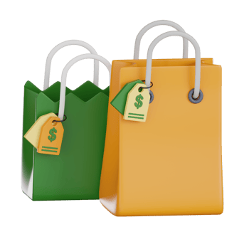 Shopping bag icon 3d retail concept with price tag symbol in green and orange colors png