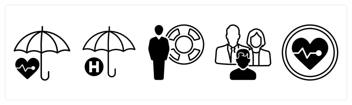 A set of 5 mix icons as heart care, health insurance, life insurance in black color vector