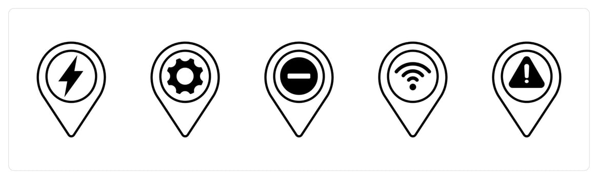 A set of 5 mix icons as electricity, options, trash in black color vector