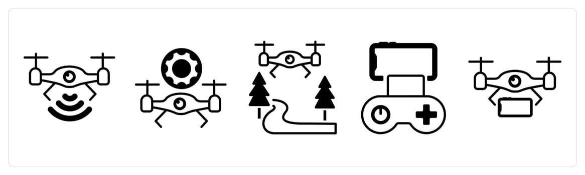 A set of 5 mix icons as drone signal, drone maintenance, flying drone in black color vector