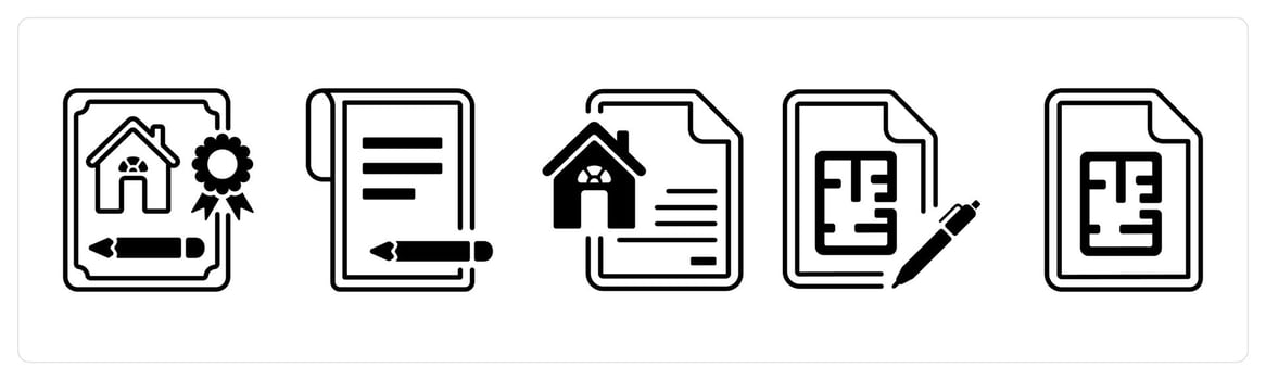 A set of 5 mix icons as mortgage application, contract, house documents in black color vector
