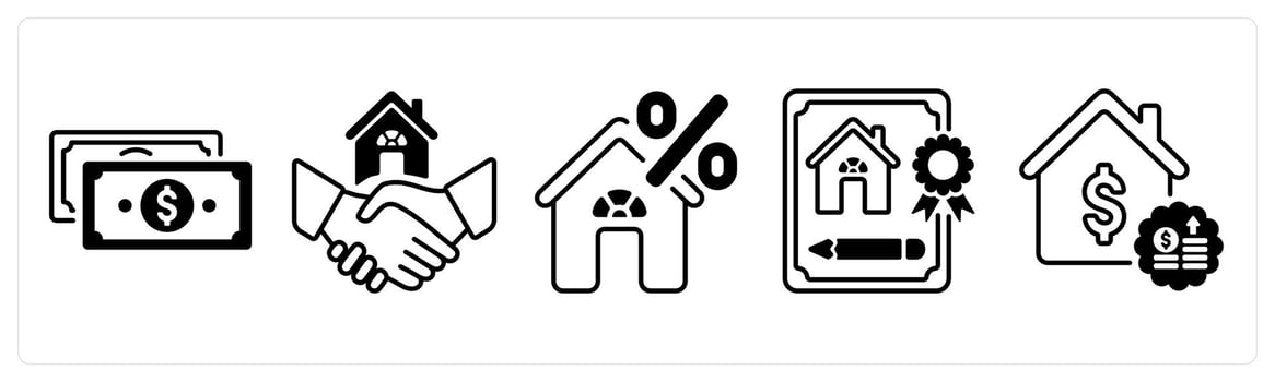 A set of 5 mix icons as payment, purchase house, interest in black color vector