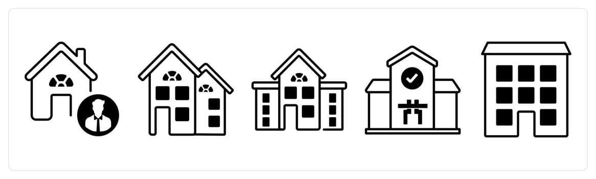 A set of 5 mix icons as realtor, residential flats, home building in black color vector
