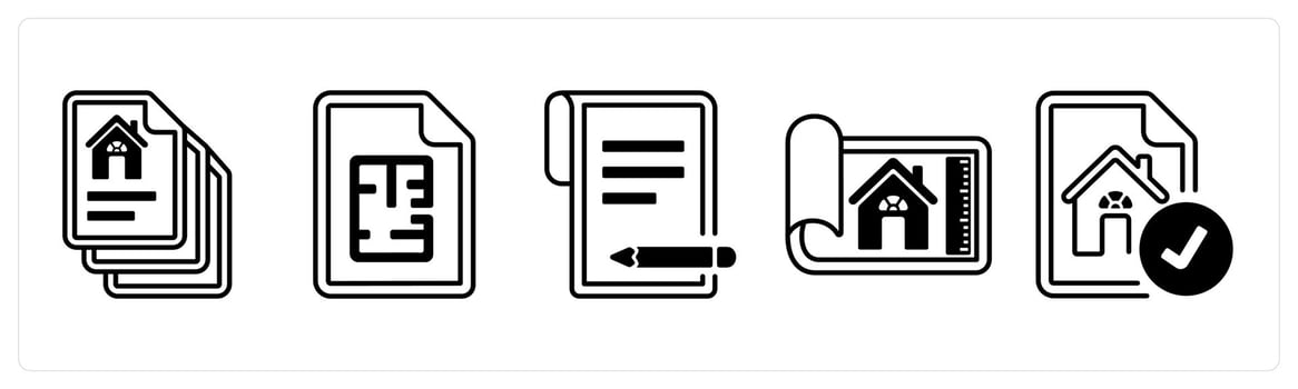 A set of 5 mix icons as property paper, floor plan, contract in black color vector