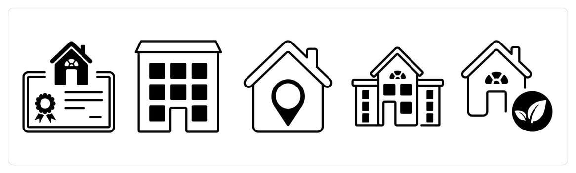 A set of 5 mix icons as ownership, flat, property location in black color vector