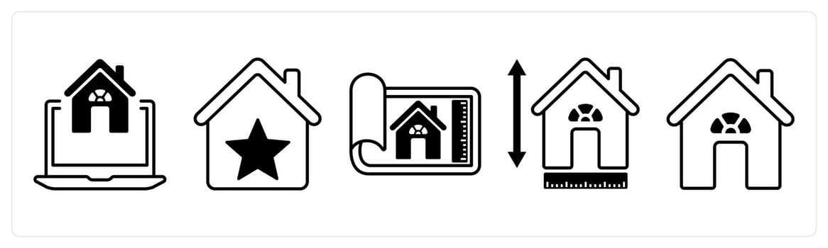 A set of 5 mix icons as online house search, property rating, home dimensions in black color vector