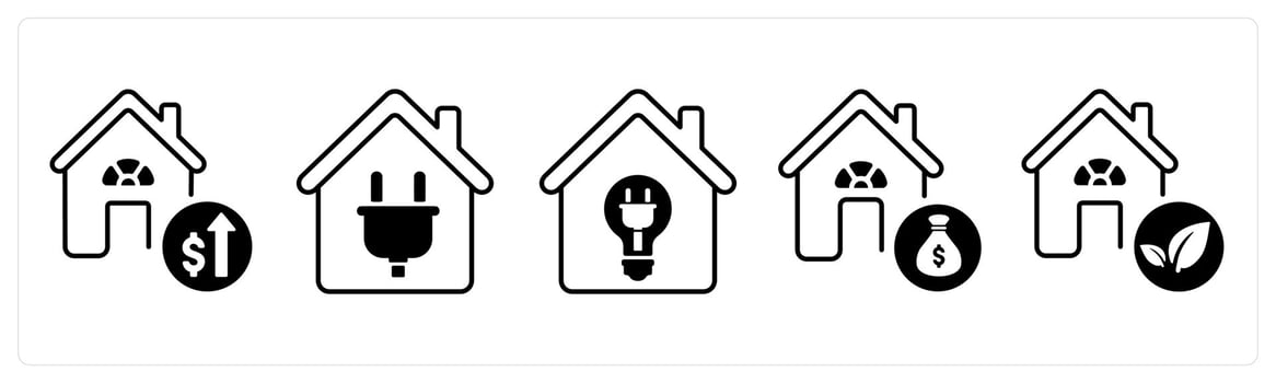 A set of 5 mix icons as property upgrades, domestic electricity, house financing in black color vector