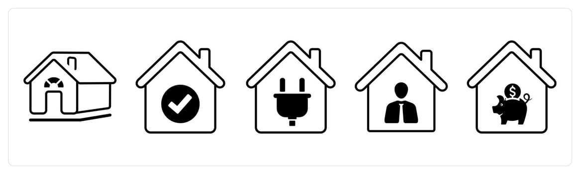 A set of 5 mix icons as rural house, true house, domestic electricity in black color vector