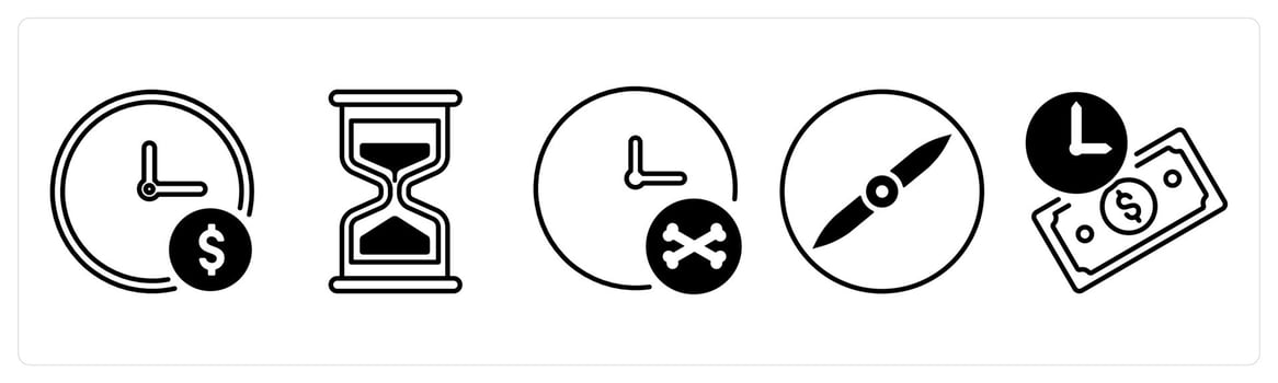A set of 5 mix icons as time is money, sand glass, deadline in black color vector
