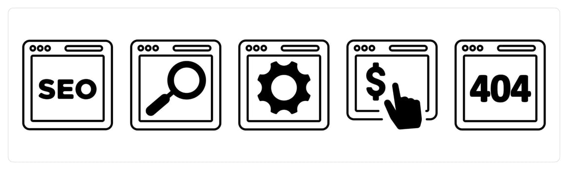 A set of 5 mix icons as seo, search page, page settings in black color vector