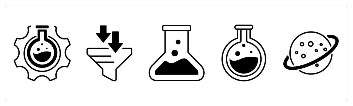 A set of 5 mix icons as research, filter, chemical in black color vector