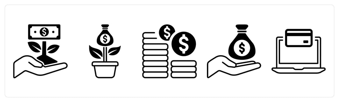 A set of 5 mix icons as money plant, investment, loan in black color vector