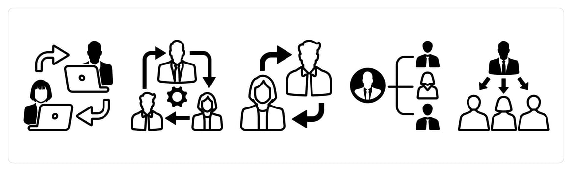 A set of 5 mix icons as network, teamwork, coordination in black color vector