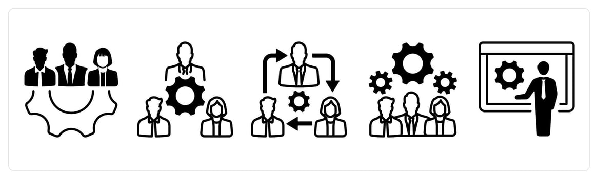 A set of 5 mix icons as cooperation, strategy, teamwork in black color vector