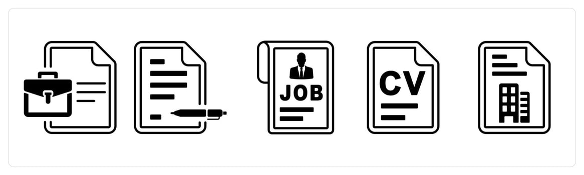 A set of 5 mix icons as business document, agreement, job profile in black color vector