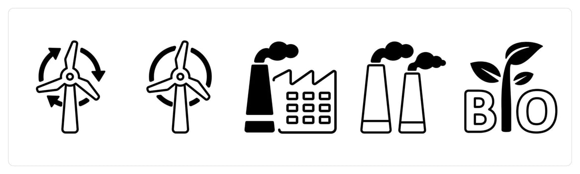 A set of 5 mix icons as wind energy, factory pollution, bio in black color vector