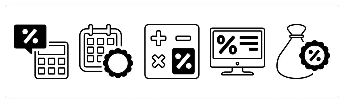 A set of 5 mix icons as calculator, calendar, loan application in black color vector