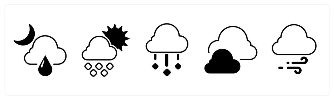 A set of 5 mix icons as night rain, day rain, rain in black color vector