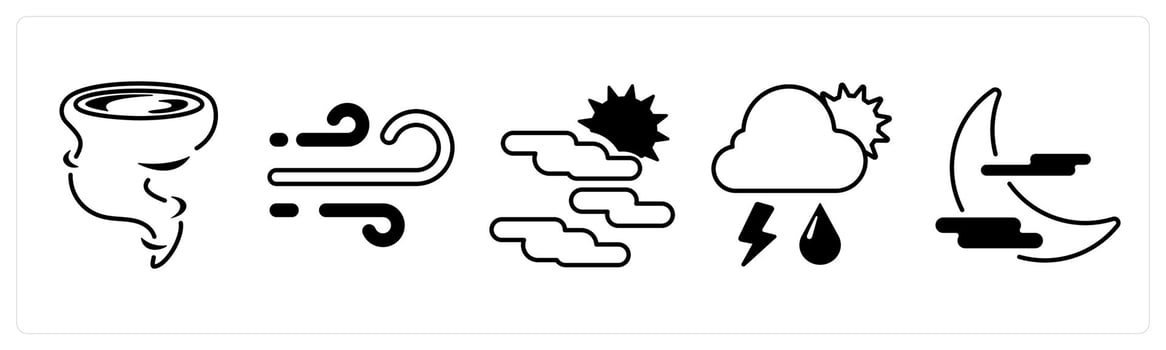 A set of 5 mix icons as hurricane, wind, foggy in black color vector