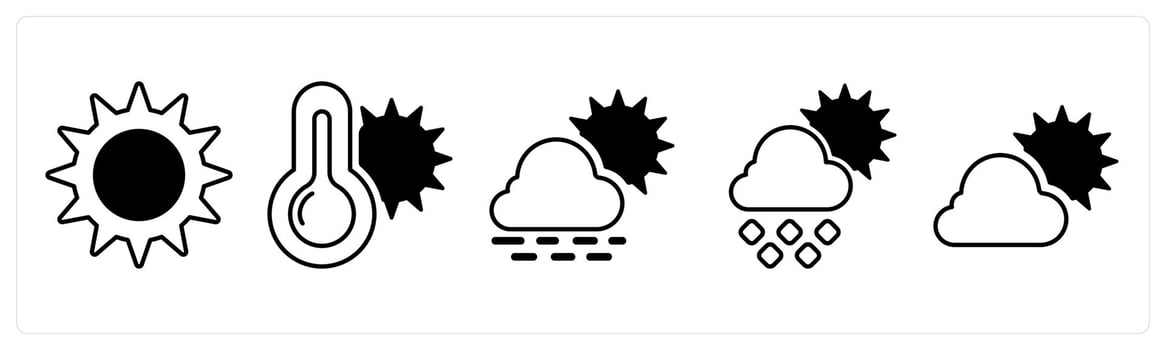 A set of 5 mix icons as sunny day, summer temperature, day rain in black color vector