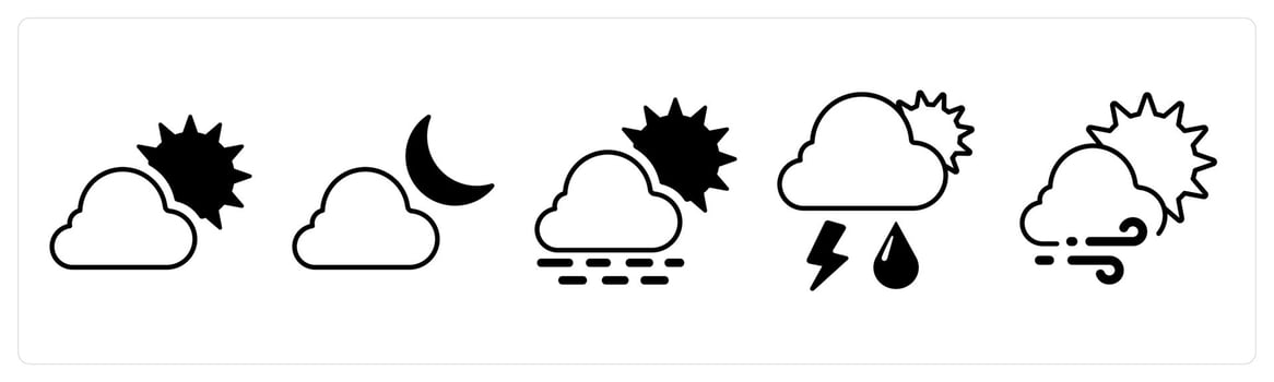 A set of 5 mix icons as cloudy day, night, sunny day in black color vector