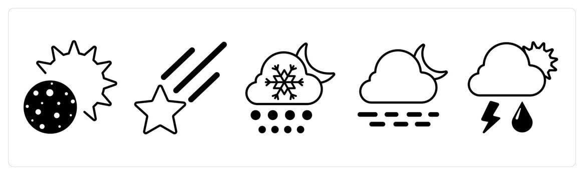 A set of 5 mix icons as eclipse, falling star, night snowfall in black color vector