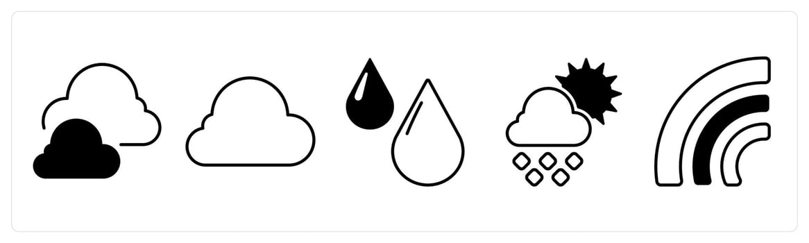 A set of 5 mix icons as cloud, rain drops, day rain in black color vector