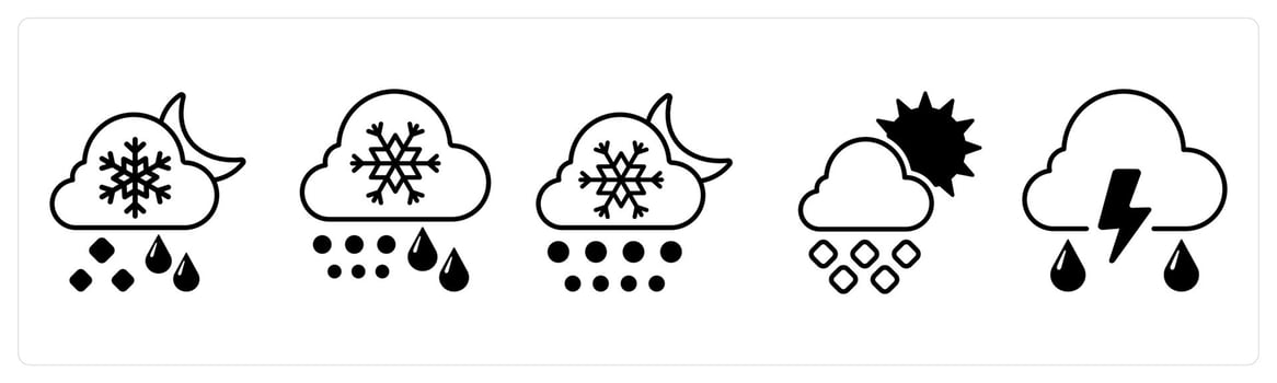 A set of 5 mix icons as snowfall, night snowfall, day rain in black color vector