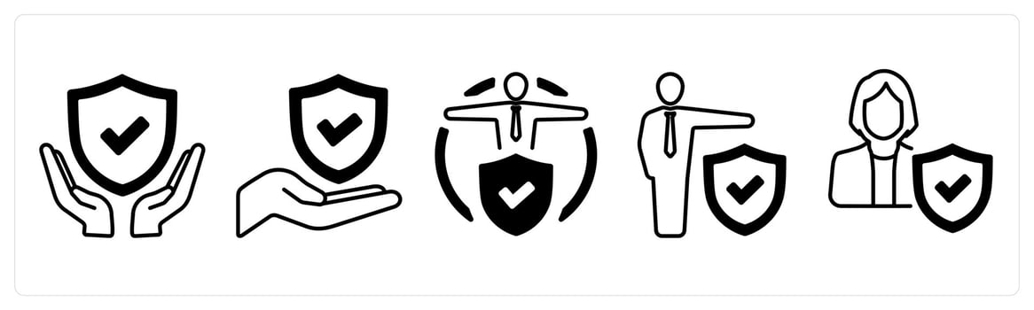 A set of 5 mix icons as insurance protection, insured person, employement insurance in black color vector
