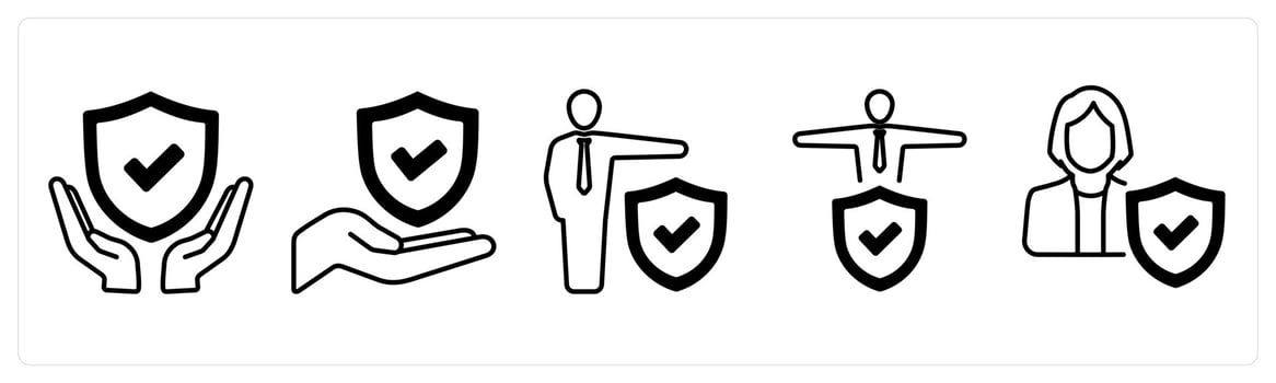 A set of 5 mix icons as insurance protection, employement insurance, insured person in black color vector