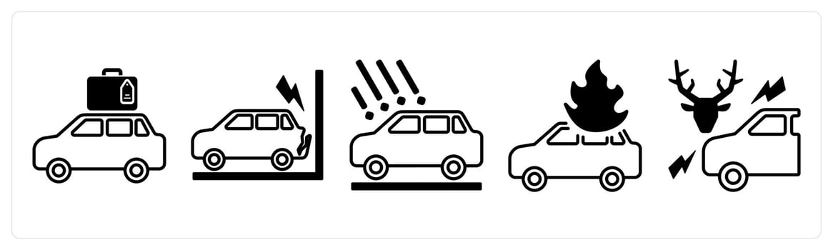 A set of 5 mix icons as travel insurance, car accident, car fire insurance in black color vector