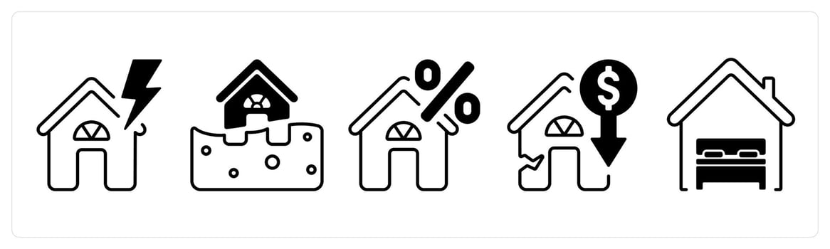 A set of 5 mix icons as thunderstrom insurance, flood insurance, home loan interest rate in black color vector