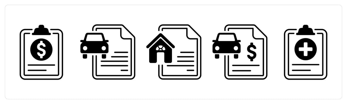 A set of 5 mix icons as insurance claim, home insurance policy, car insurance document in black color vector