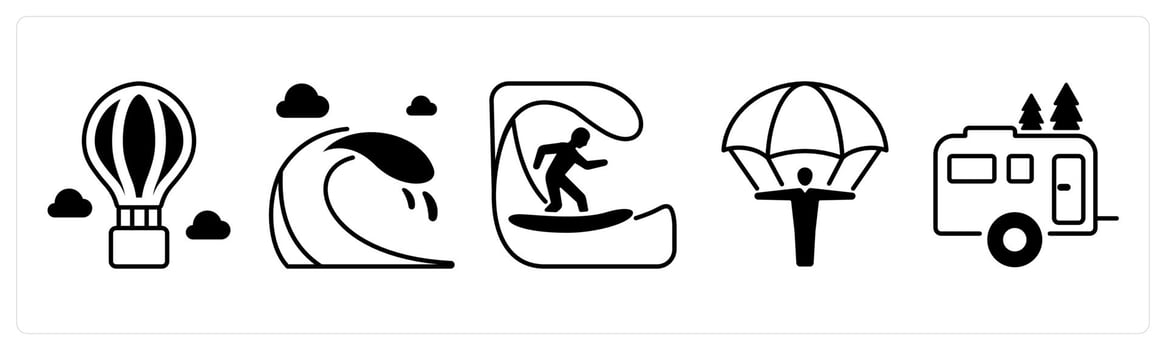 A set of 5 mix icons as hot air balloon, waves, surfing in black color vector