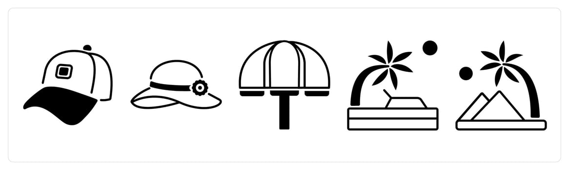 A set of 5 mix icons as cap, hat, beach in black color vector