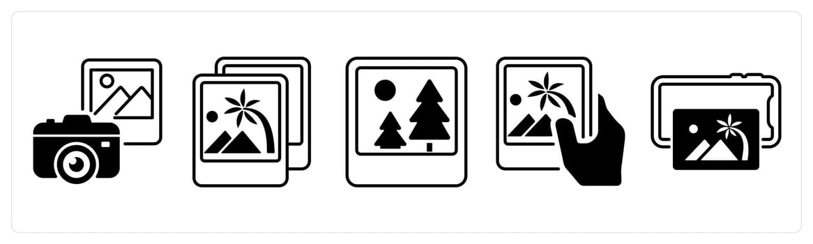 A set of 5 mix icons as photography, gallery, photo in black color vector