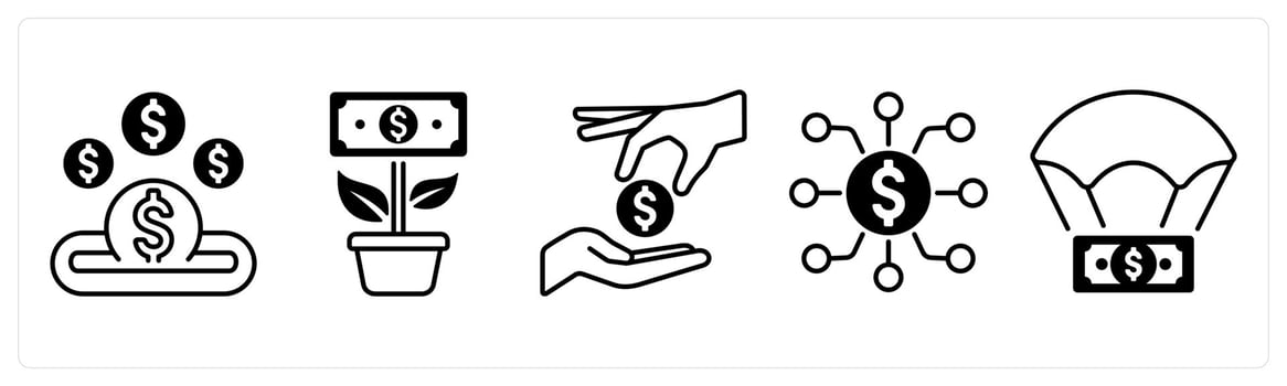 A set of 5 mix icons as funds, money plant, investment in black color vector