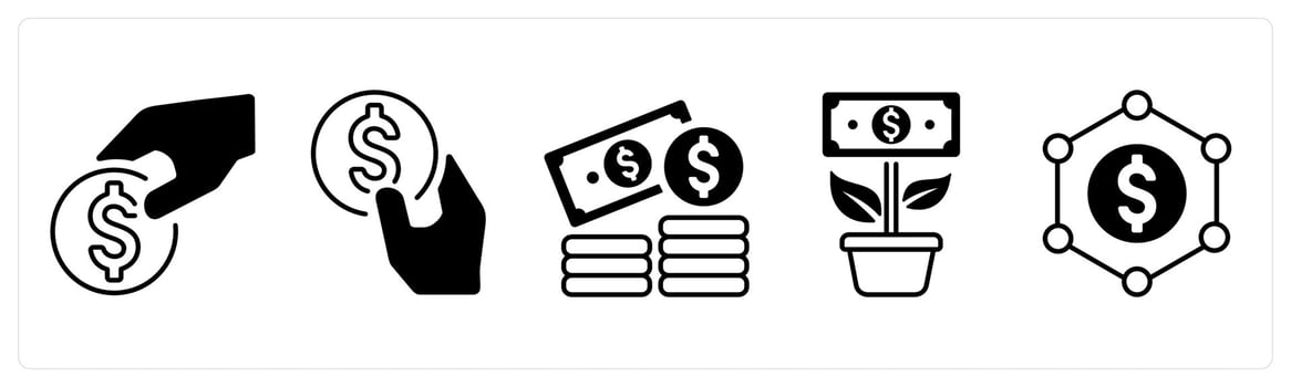 A set of 5 mix icons as finance, fundraising, money plant in black color vector