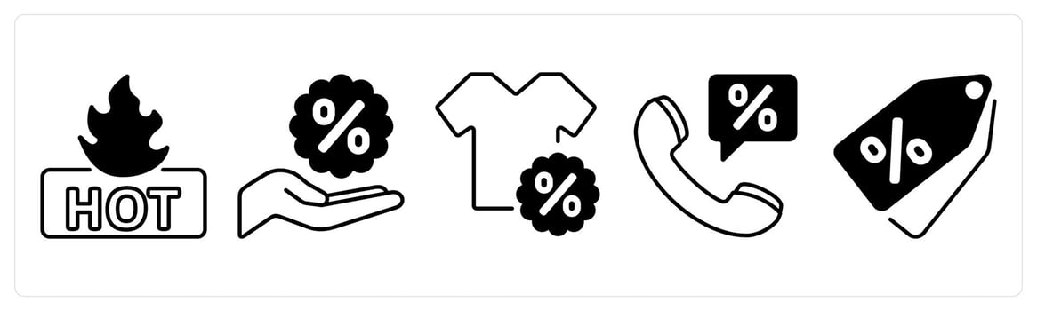 A set of 5 mix icons as hot deal, discount, sale offer in black color vector