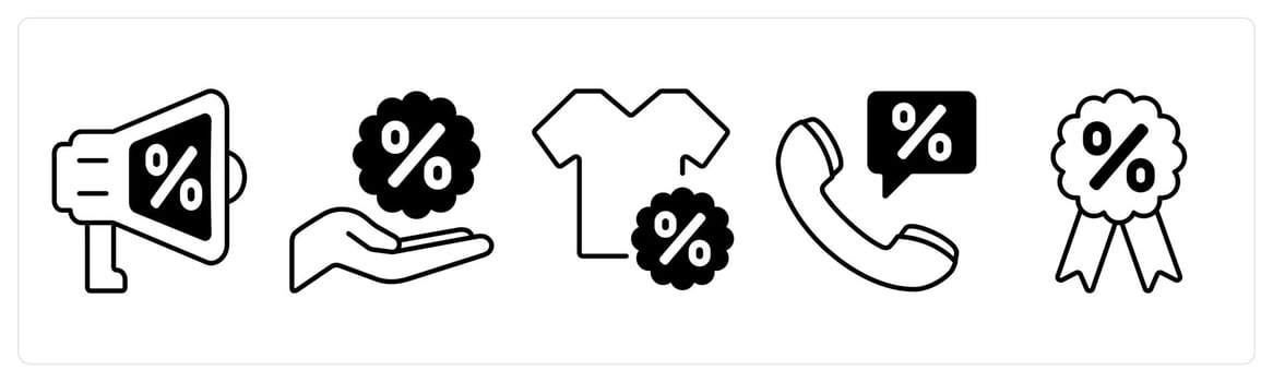 A set of 5 mix icons as promotion, discount, sale offer in black color vector