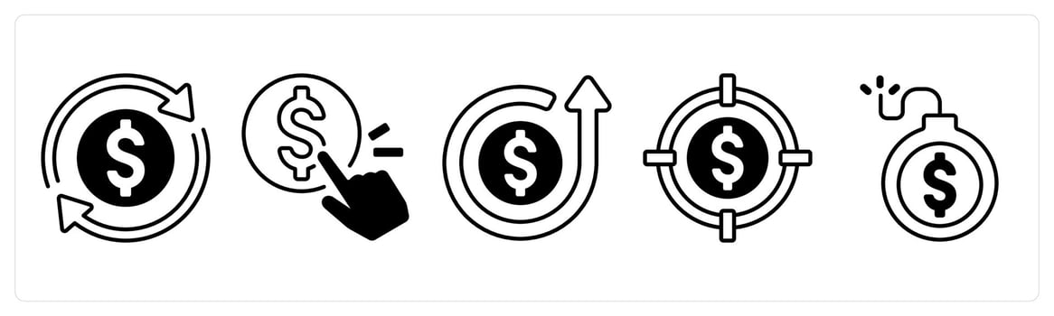 A set of 5 mix icons as cash flow, pay per click, budget in black color vector